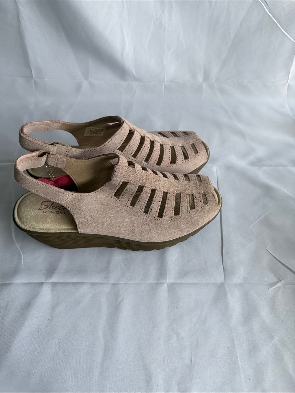 Skechers Parallel Trapezoid Blush Pink Suede Platform Wedge Sandals - Picture 4 of 5